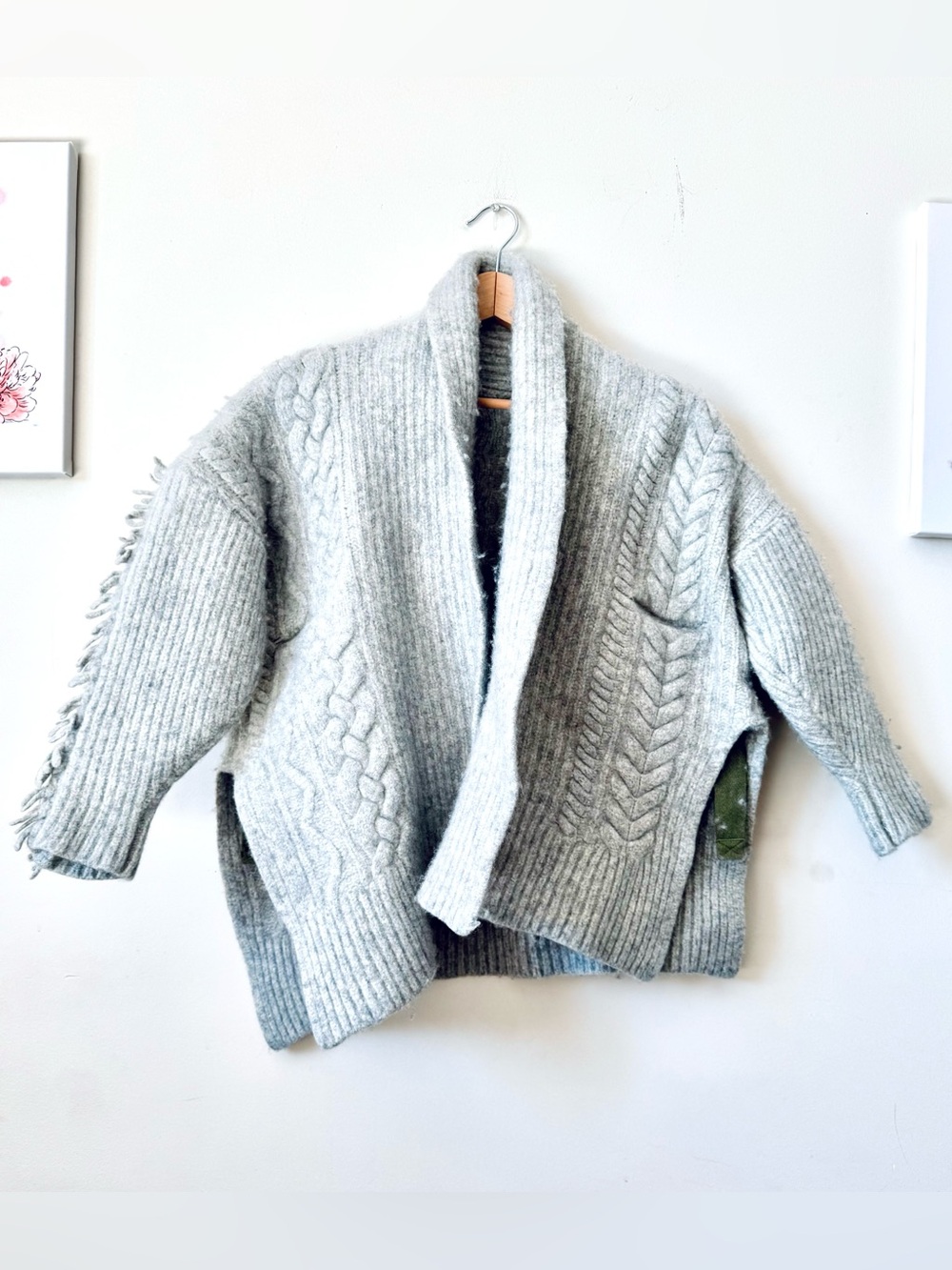 Zadig & Voltaire Sz XS/S Wool Gray Oversize Cable Knit Open Front Cardigan